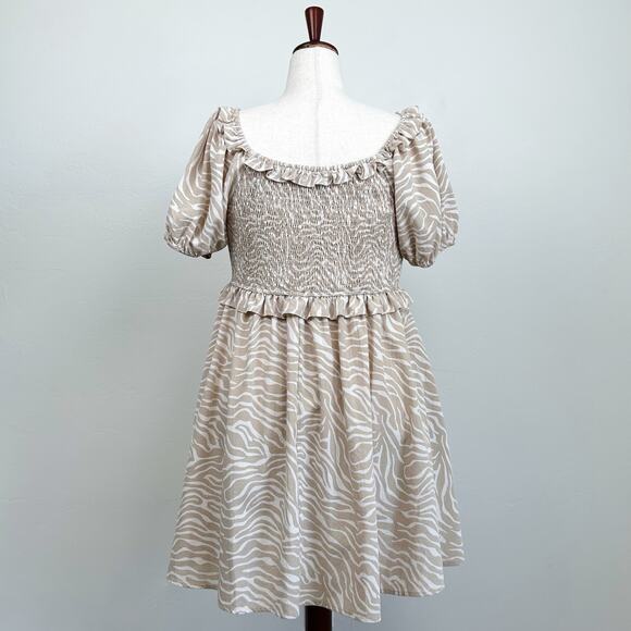 Arula Smocked Puff Sleeve Square Neck Tan Mini Dress - Picture 6 of 9